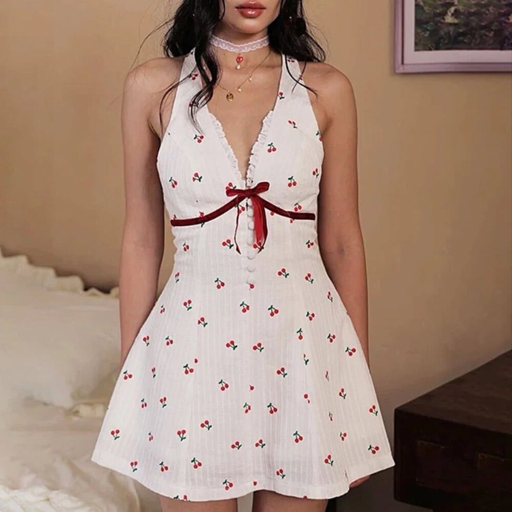 French Summer Cherry Halter Dress (size S)